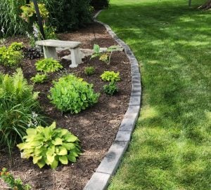 Curved stone garden edging separates lush green grass from a mulched flower bed with hostas, ferns, and a decorative garden bench.