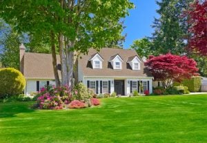 Suburban home with manicured lawn, blooming shrubs, and red maple trees framing a landscaped front yard on a sunny day.
