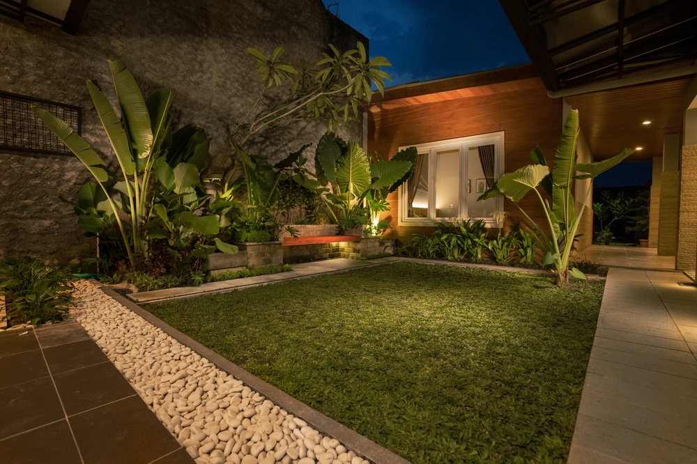 Uplights brighten tropical plants around a small courtyard lawn beside a modern home.